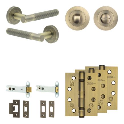 Complete Venice Door Handle Pack - Heavy Duty Tubular Bathroom (Standard Thumb Turn) - Antique Brass - 102mm / 4-inch Hinges - JE-F32A3-AB