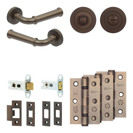 Complete Classic Door Handle Pack - Heavy Duty Tubular Bathroom (Standard Thumb Turn) - Dark Bronze - 64mm / 3-inch Hinges - JE-A30B3-DB