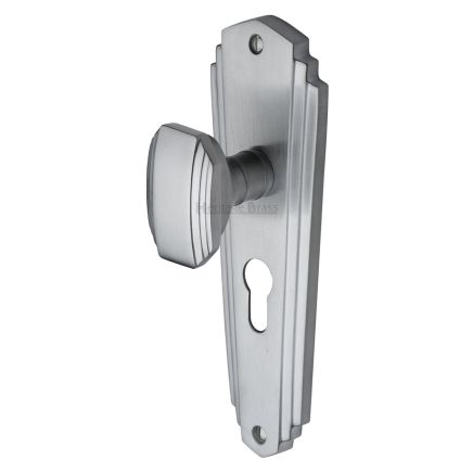 Heritage Brass Mortice Knob on Euro Profile Plate Charlston Design Satin Chrome finish
