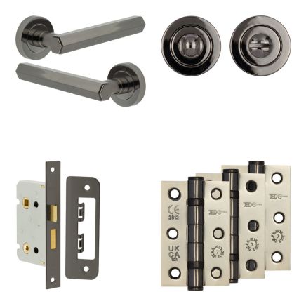 Complete Hex Door Handle Pack - Bathroom Lock (Standard Thumb Turn) - Black Nickel - 65mm / 3-inch Hinges - JE-C5B3-BN