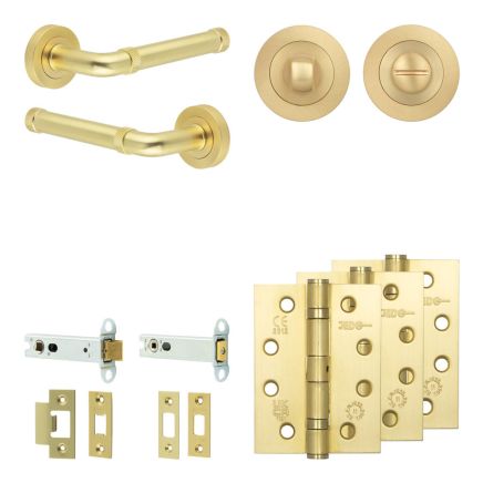 Complete Midtown Door Handle Pack - Heavy Duty Tubular Bathroom (Standard Thumb Turn) - Satin Brass - 102mm / 4-inch Hinges - JE-G32A3-SB