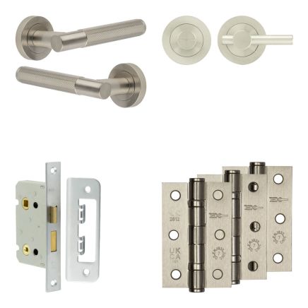 Complete Bari Door Handle Pack - Bathroom Lock (Plain Thumb Turn) - Satin Nickel - 65mm / 3-inch Hinges - JE-D5B2-SN
