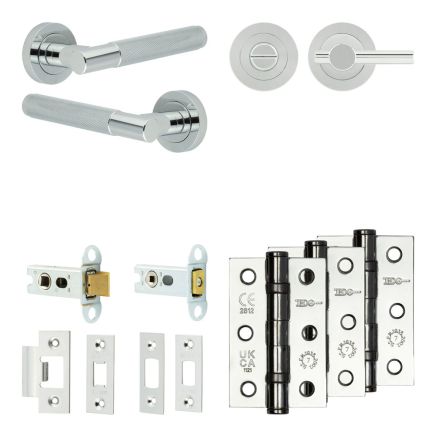 Complete Bari Door Handle Pack - Heavy Duty Tubular Bathroom (Plain Thumb Turn) - Polished Chrome - 64mm / 3-inch Hinges - JE-D30B2-PC