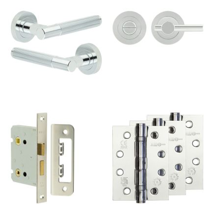 Complete Venice Door Handle Pack - Bathroom Lock (Plain Thumb Turn) - Polished Chrome - 76mm / 4-inch Hinges - JE-F6A2-PC