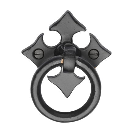 Black Iron Rustic Fleur-De-Lys Cabinet Ring Drop Pull