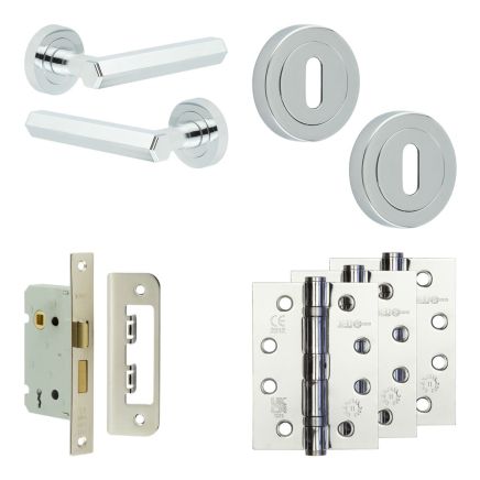 Complete Hex Door Handle Pack - Sashlock - Polished Chrome - 65mm / 4-inch Hinges - JE-C7A8-PC