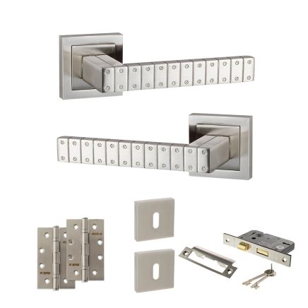Senza Pari Bianca Door Handle Pack (3 Lever Lock Set - 3" CE Sashlock, 4" Slim Knuckle Hinges x2) - Satin Nickel