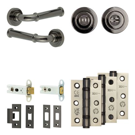 Complete Classic Door Handle Pack - Heavy Duty Tubular Bathroom (Standard Thumb Turn) - Black Nickel - 76mm / 3-inch Hinges - JE-A31B3-BN