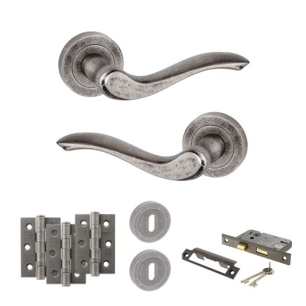 Old English Warwick Door Handle Pack (3 Lever Lock Set - 2.5" CE Sashlock, 3" Fire Rated Hinges x3) - Distressed Silver
