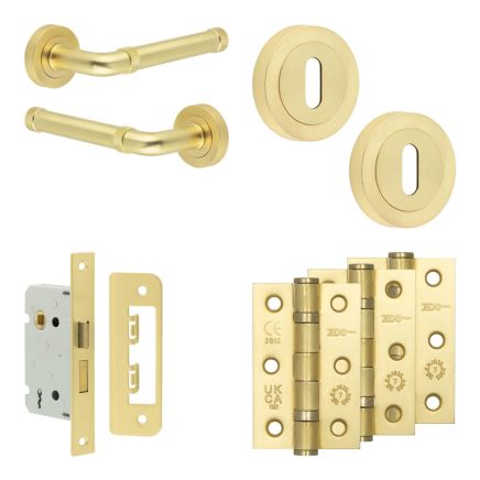 Complete Midtown Door Handle Pack - Sashlock - Satin Brass - 65mm / 3-inch Hinges - JE-G7B8-SB