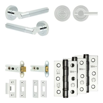 Complete Venice Door Handle Pack - Heavy Duty Tubular Bathroom (Plain Thumb Turn) - Polished Chrome - 76mm / 3-inch Hinges - JE-F31B2-PC