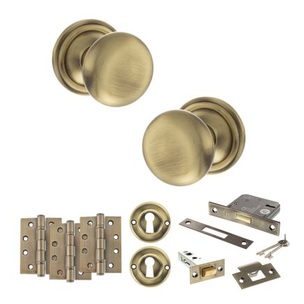 Old English Harrogate Door Knob Pack (Lock Set - 3" Latch & Deadlock, 4" Fire Rated Hinges x3) - Antique Brass