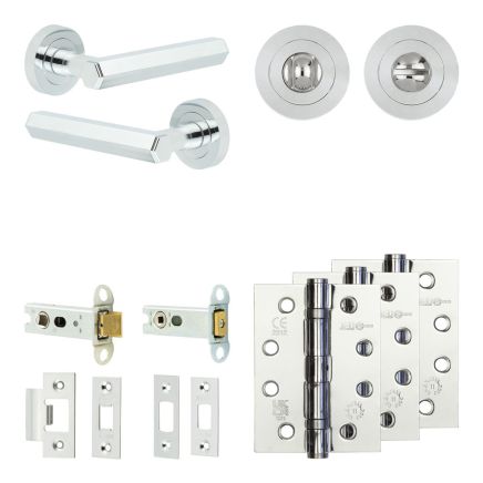 Complete Hex Door Handle Pack - Heavy Duty Tubular Bathroom (Standard Thumb Turn) - Polished Chrome - 76mm / 4-inch Hinges - JE-C31A3-PC