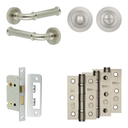 Complete Classic Door Handle Pack - Bathroom Lock (Standard Thumb Turn) - Satin Nickel - 65mm / 3-inch Hinges - JE-A5B3-SN