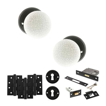 Old English Skipton Door Knob Pack (Lock Set - 3" Latch & Deadlock, 4" Fire Rated Hinges x3) - Matt Black