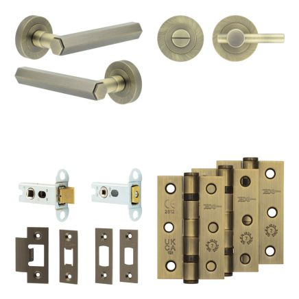 Complete Hex Door Handle Pack - Heavy Duty Tubular Bathroom (Plain Thumb Turn) - Antique Brass - 64mm / 3-inch Hinges - JE-C30B2-AB
