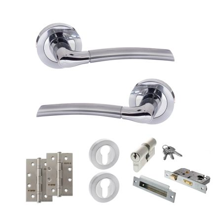 STATUS Indiana Door Handle Pack (Euro Lock Set - 3" CE Sashlock, 4" Slim Knuckle Hinges x2) - Satin Chrome/Polished Chrome