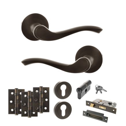 Old English Warwick Door Handle Pack (Euro Lock Set - 2.5" CE Sashlock, 3" Fire Rated Hinges x3) - Urban Dark Bronze