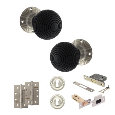 Old English Whitby Door Knob Pack (Lock Set - 3" Latch & Deadlock, 4" Slim Knuckle Hinges x2) - Satin Nickel