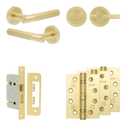 Complete Venice Door Handle Pack - Bathroom Lock (Plain Thumb Turn) - Satin Brass - 65mm / 4-inch Hinges - JE-F5A2-SB