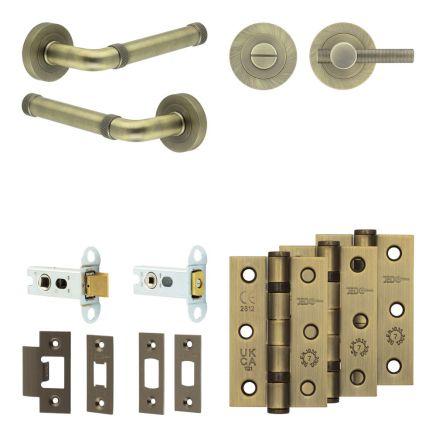 Complete Midtown Door Handle Pack - Heavy Duty Tubular Bathroom (Knurled Thumb Turn) - Antique Brass - 64mm / 3-inch Hinges - JE-G30B1-AB