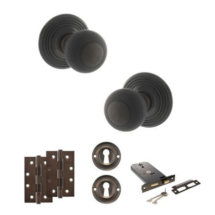 Old English Ripon Door Knob Pack (Lock Set - Horizontal Sashlock, 4" Slim Knuckle Hinges x2) - Urban Dark Bronze