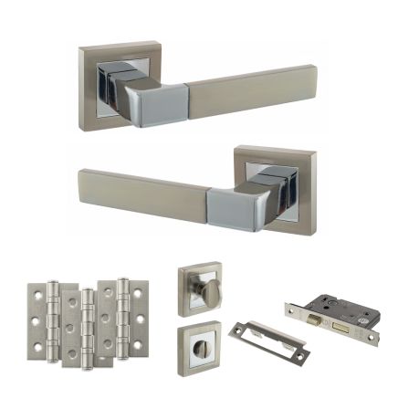 STATUS Montana Door Handle Pack (Bathroom Set - 2.5" CE Bathroom Lock, 3" Fire Rated Hinges x3) - Satin Nickel/Polished Chrome
