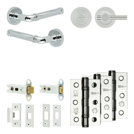 Complete Midtown Door Handle Pack - Heavy Duty Tubular Bathroom (Knurled Thumb Turn) - Polished Chrome - 76mm / 3-inch Hinges - JE-G31B1-PC