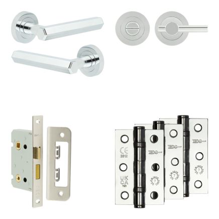Complete Hex Door Handle Pack - Bathroom Lock (Plain Thumb Turn) - Polished Chrome - 65mm / 3-inch Hinges - JE-C5B2-PC