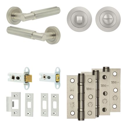 Complete Bloom Door Handle Pack - Heavy Duty Tubular Bathroom (Standard Thumb Turn) - Satin Nickel - 64mm / 3-inch Hinges - JE-B30B3-SN