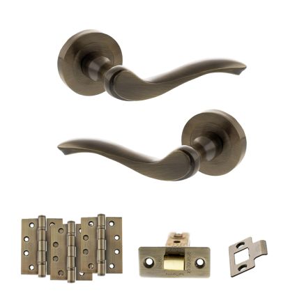 Old English Warwick Door Handle Pack (Latch Set - 2.5" CE Latch, 4" Fire Rated Hinges x3) - Antique Brass