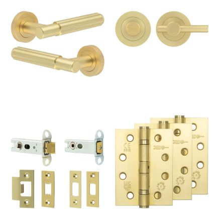 Complete Bloom Door Handle Pack - Heavy Duty Tubular Bathroom (Plain Thumb Turn) - Satin Brass - 76mm / 4-inch Hinges - JE-B31A2-SB