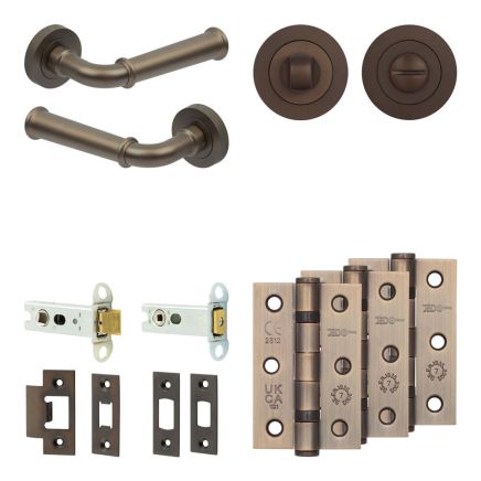 Complete Classic Door Handle Pack - Heavy Duty Tubular Bathroom (Standard Thumb Turn) - Dark Bronze - 76mm / 3-inch Hinges - JE-A31B3-DB