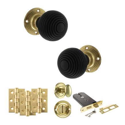 Old English Whitby Door Knob Pack (Lock Set - Horizontal Bathlock, 3" Fire Rated Hinges x3) - Polished Brass