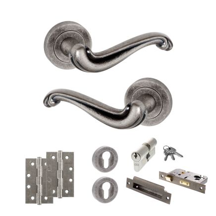 Old English Colchester Door Handle Pack (Euro Lock Set - 2.5" CE Sashlock, 4" Slim Knuckle Hinges x2) - Distressed Silver