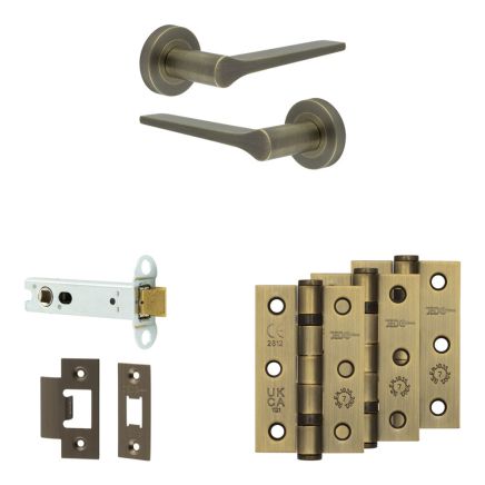 Complete Gio Door Handle Pack - Heavy Duty Latch - Antique Brass - 102mm / 3-inch Hinges - JE-E22B-AB