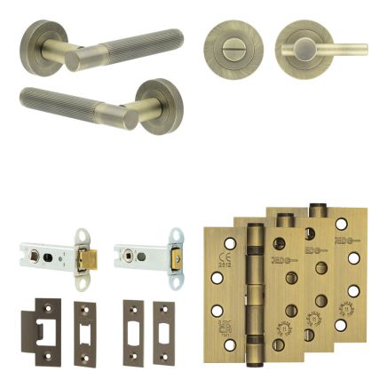 Complete Venice Door Handle Pack - Heavy Duty Tubular Bathroom (Plain Thumb Turn) - Antique Brass - 76mm / 4-inch Hinges - JE-F31A2-AB