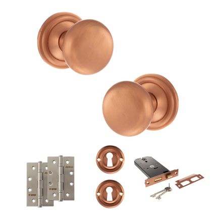 Old English Harrogate Door Knob Pack (Lock Set - Horizontal Sashlock, 4" Slim Knuckle Hinges x2) - Urban Satin Copper