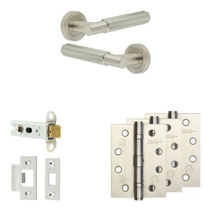 Complete Bloom Door Handle Pack - Heavy Duty Latch - Satin Nickel - 76mm / 4-inch Hinges - JE-B21A-SN