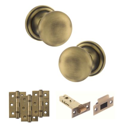 Old English Harrogate Door Knob Pack (Latch Set - 3" HD Latch, 3" Fire Rated Hinges x3) - Matt Antique Brass
