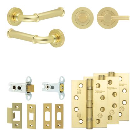 Complete Classic Door Handle Pack - Heavy Duty Tubular Bathroom (Plain Thumb Turn) - Satin Brass - 64mm / 4-inch Hinges - JE-A30A2-SB