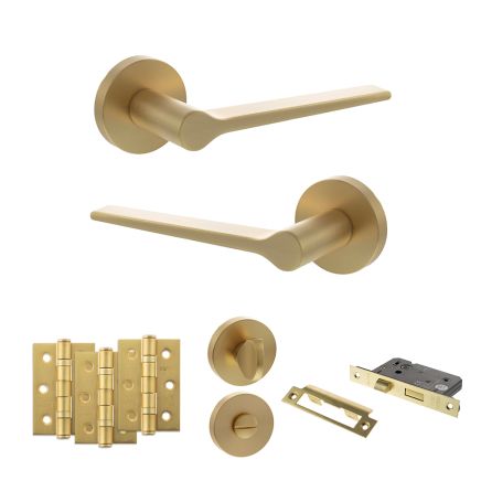 Senza Pari Laviano Door Handle Pack (Bathroom Set - 2.5" CE Bathroom Lock, 3" Fire Rated Hinges x3) - Satin Brass