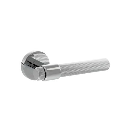Senza Pari Fasana Linear Knurled Lever Door Handle on Minimal Round Rose - Polished Chrome (Pair)