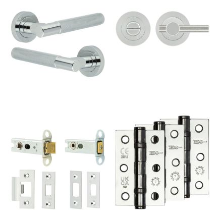 Complete Bari Door Handle Pack - Heavy Duty Tubular Bathroom (Knurled Thumb Turn) - Polished Chrome - 76mm / 3-inch Hinges - JE-D31B1-PC