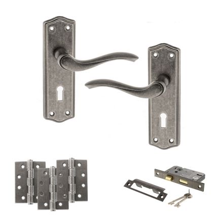 Old English Warwick Door Handle Pack (3 Lever Lock Set - 2.5" CE Sashlock, 4" Fire Rated Hinges x3) - Distressed Silver