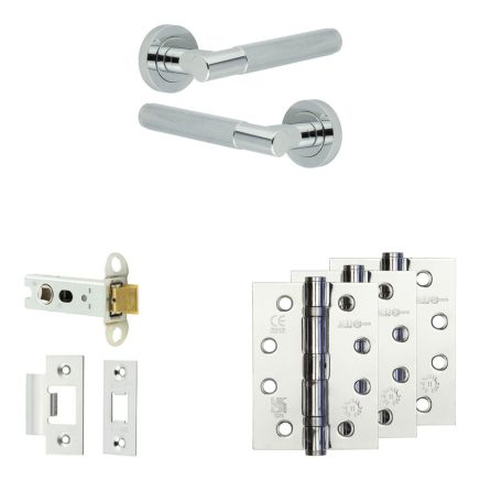Complete Bari Door Handle Pack - Heavy Duty Latch - Polished Chrome - 76mm / 4-inch Hinges - JE-D21A-PC