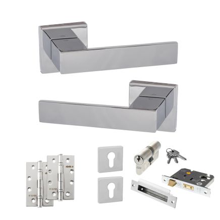 Senza Pari Panetti Door Handle Pack (Euro Lock Set - 2.5" CE Sashlock, 4" Slim Knuckle Hinges x2) - Polished Chrome
