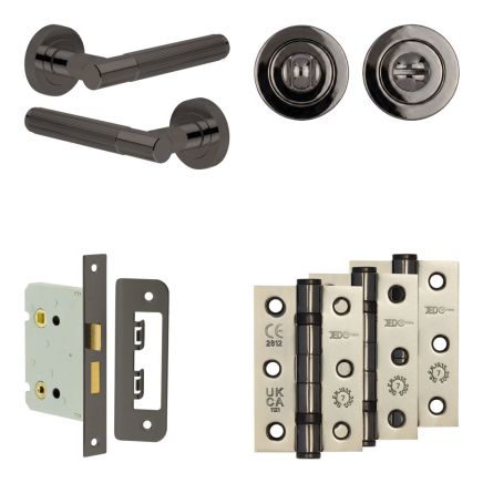 Complete Venice Door Handle Pack - Bathroom Lock (Standard Thumb Turn) - Black Nickel - 76mm / 3-inch Hinges - JE-F6B3-BN