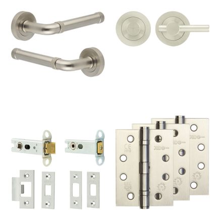 Complete Midtown Door Handle Pack - Heavy Duty Tubular Bathroom (Plain Thumb Turn) - Satin Nickel - 76mm / 4-inch Hinges - JE-G31A2-SN