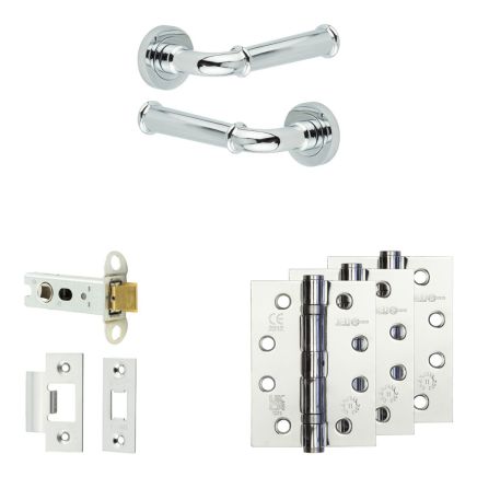 Complete Classic Door Handle Pack - Heavy Duty Latch - Polished Chrome - 76mm / 4-inch Hinges - JE-A21A-PC
